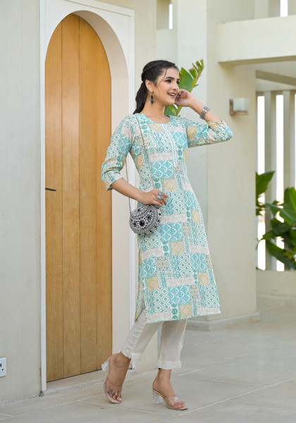 Mint Green Ethnic Motif Printed Viscose Kurta With Sequins & Thread Work