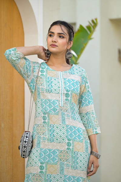 Mint Green Ethnic Motif Printed Viscose Kurta With Sequins & Thread Work