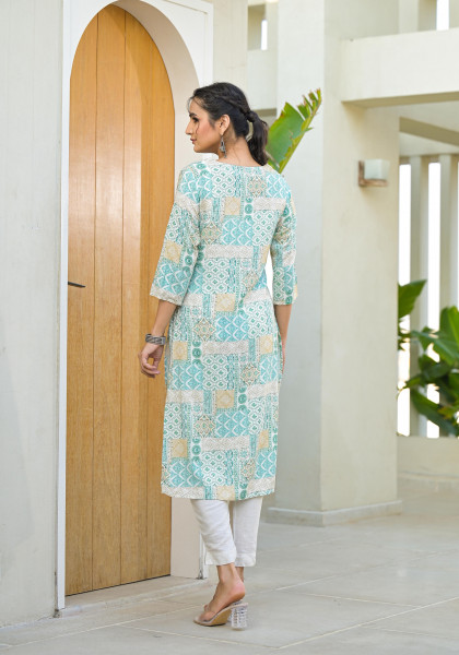 Mint Green Ethnic Motif Printed Viscose Kurta With Sequins & Thread Work