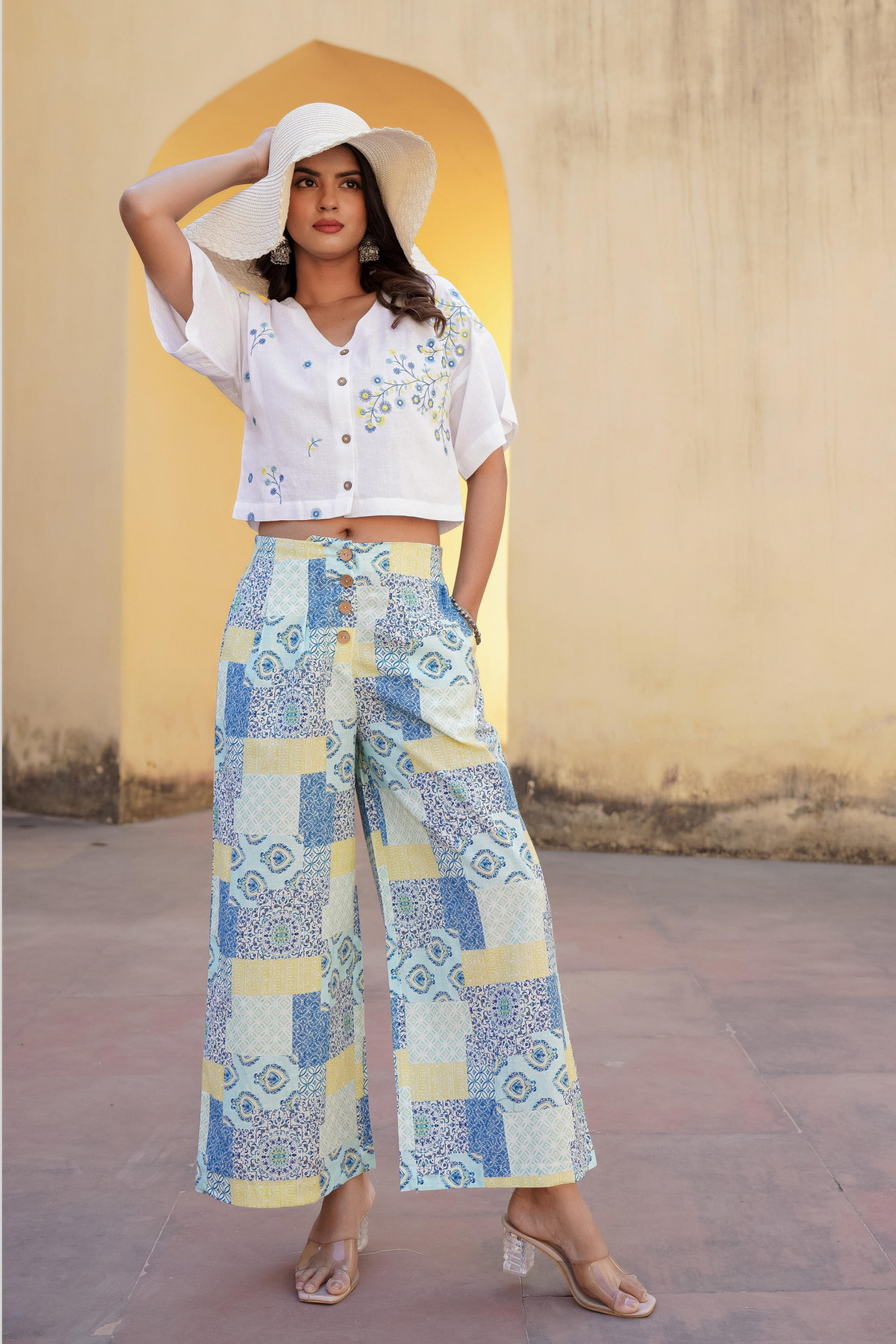 Blue Ethnic Motif Printed Viscose Top & Palazzo With Thread & Mirror Work