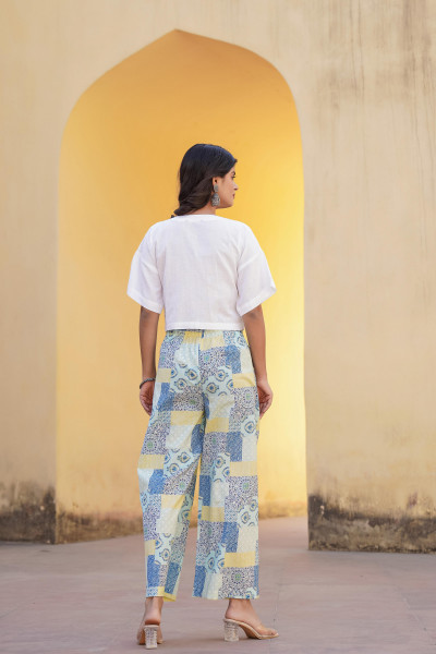 Blue Ethnic Motif Printed Viscose Top & Palazzo With Thread & Mirror Work