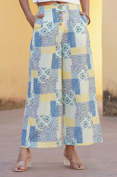 Blue Ethnic Motif Printed Viscose Top & Palazzo With Thread & Mirror Work
