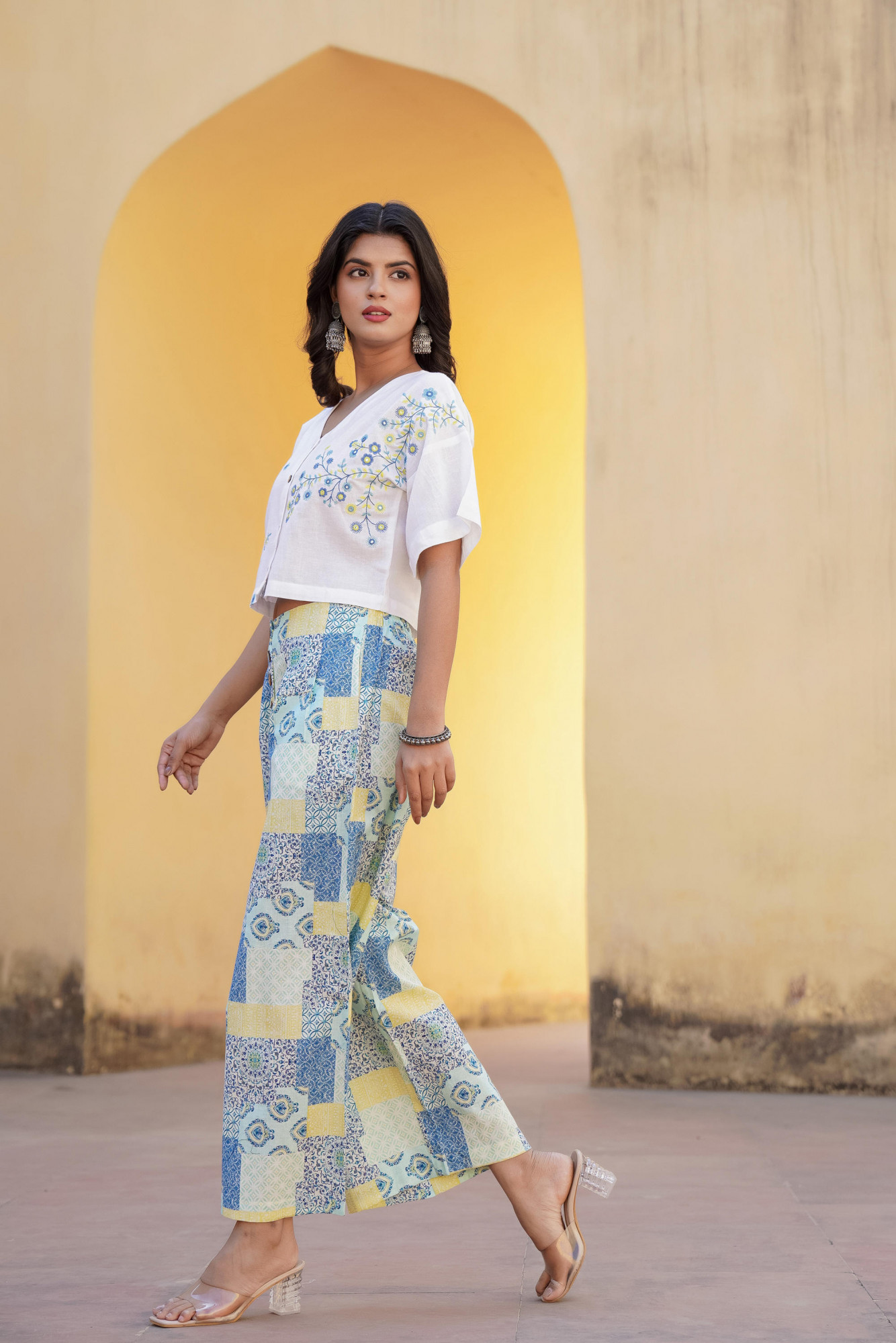 Blue Ethnic Motif Printed Viscose Top & Palazzo With Thread & Mirror Work