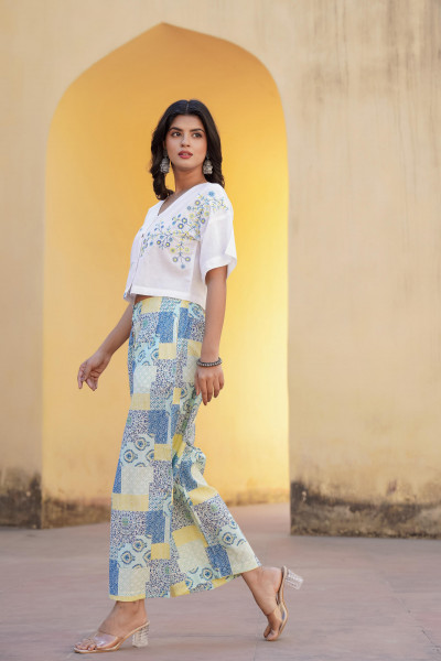 Blue Ethnic Motif Printed Viscose Top & Palazzo With Thread & Mirror Work