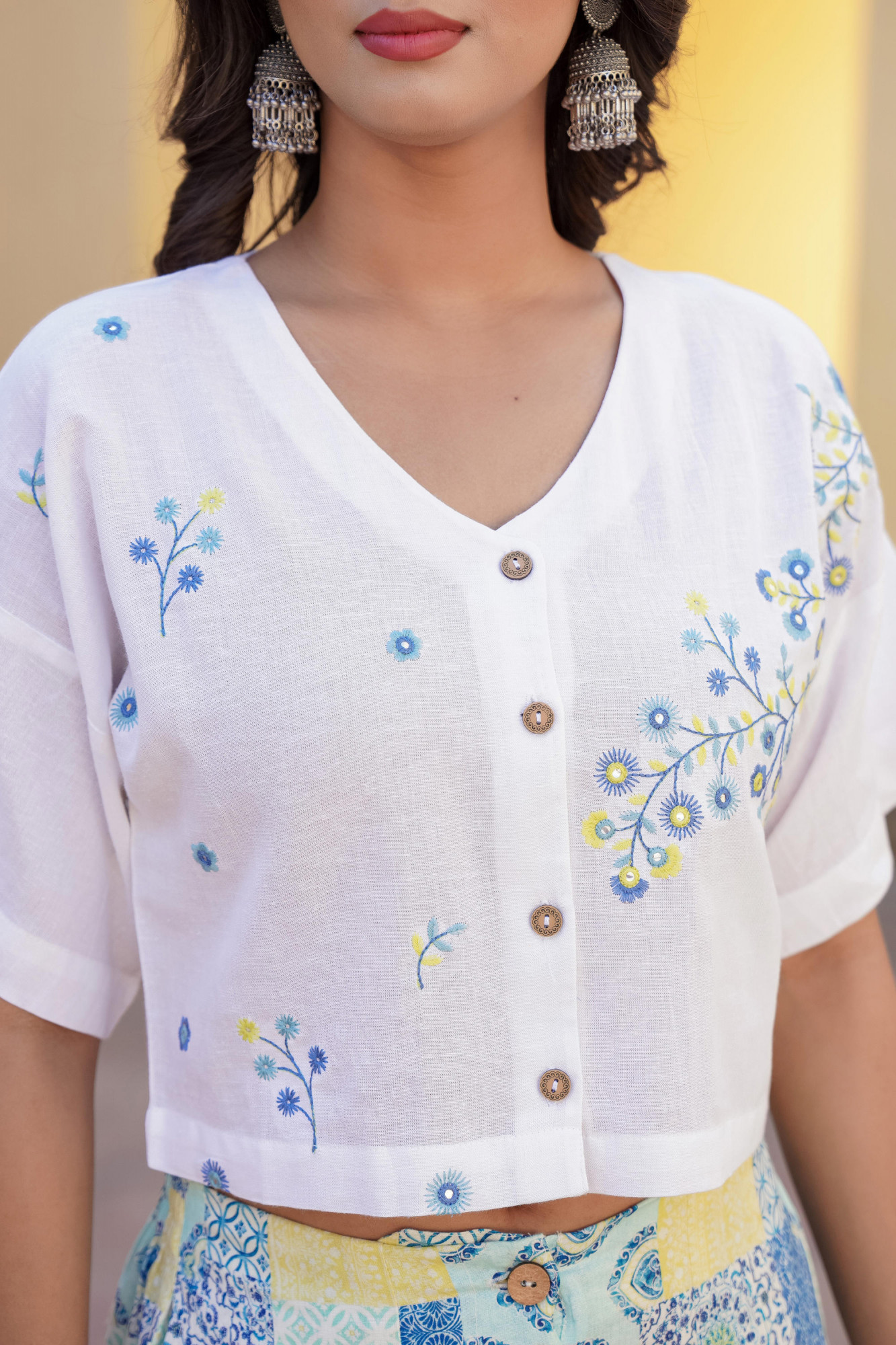 Blue Ethnic Motif Printed Viscose Top & Palazzo With Thread & Mirror Work