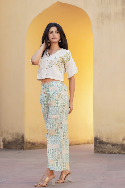 White & Mint Green Ethnic Motif Printed Viscose Top & Palazzo With Thread & Mirror Work