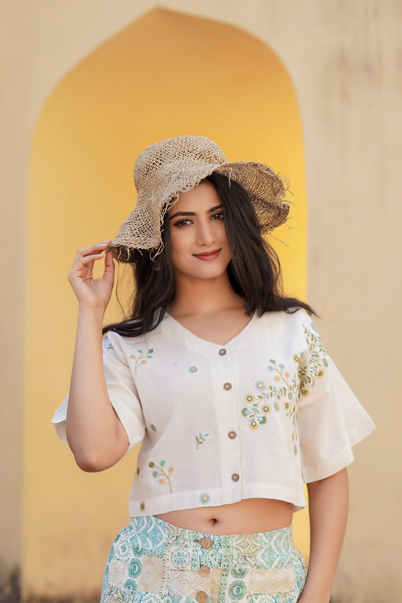 White & Mint Green Ethnic Motif Printed Viscose Top & Palazzo With Thread & Mirror Work