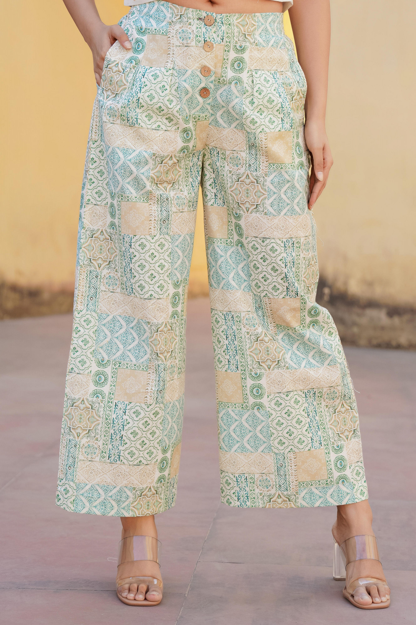 White & Mint Green Ethnic Motif Printed Viscose Top & Palazzo With Thread & Mirror Work