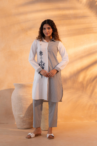 Black & White Divide Embroidered Panel Kurta Set