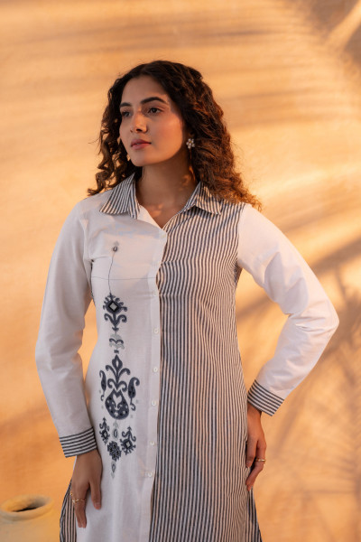 Black & White Divide Embroidered Panel Kurta Set