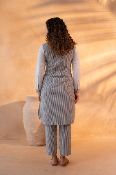 Black & White Divide Embroidered Panel Kurta Set