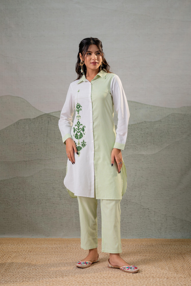 LightGreen &amp; White Divide Embroidered Panel Kurta Set