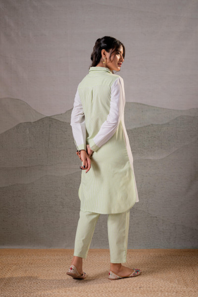 LightGreen & White Divide Embroidered Panel Kurta Set