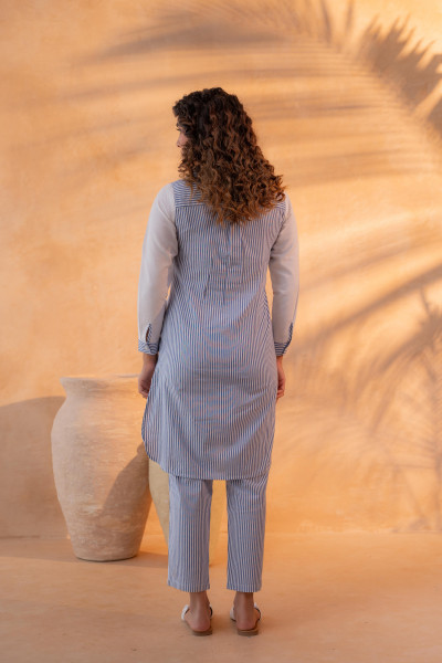 NavyBlue & White Divide Embroidered Panel Kurta Set