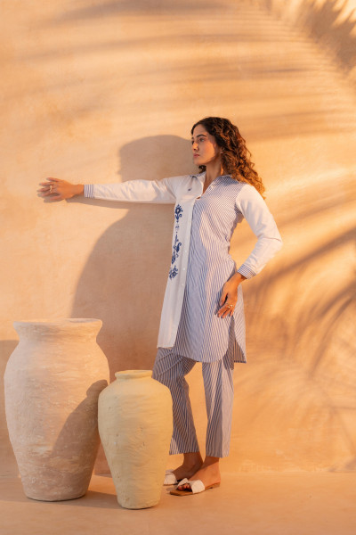 NavyBlue & White Divide Embroidered Panel Kurta Set
