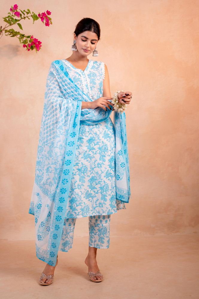 Sky Blue Whisper Floral Kurta Pant And Dupatta Set