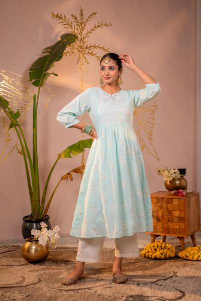 Ocean Aqua Embroidered Kurta