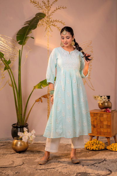 Ocean Aqua Embroidered Kurta