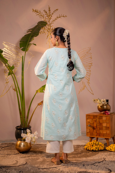Ocean Aqua Embroidered Kurta