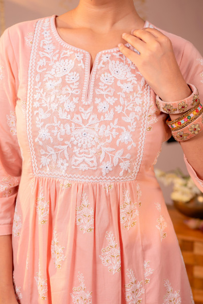 Gulnaar Peach Embroidered Kurta