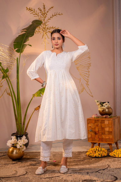 Cotton White  Embroidered Kurta