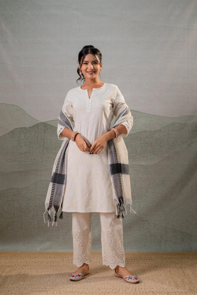 Off-White Embroidered Kurta Set with Striped Dupatta