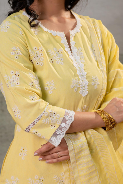 Sunlit Yellow Embroidered Kurta Set with Striped Dupatta