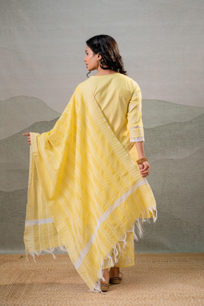 Sunlit Yellow Embroidered Kurta Set with Striped Dupatta