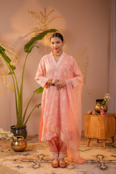 Peach Blossom Embroidered Kurta Set with Sheer Striped Dupatta
