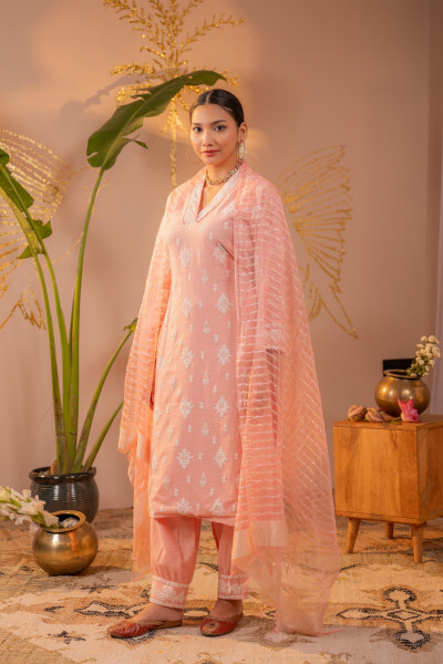 Peach Blossom Embroidered Kurta Set with Sheer Striped Dupatta