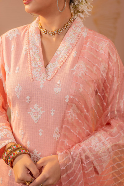 Peach Blossom Embroidered Kurta Set with Sheer Striped Dupatta