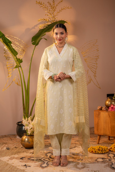 Pistachio Blossom Embroidered Kurta Set with Sheer Striped Dupatta