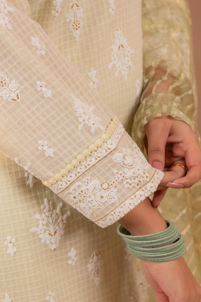 Pistachio Blossom Embroidered Kurta Set with Sheer Striped Dupatta