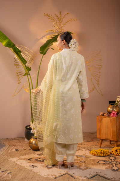 Pistachio Blossom Embroidered Kurta Set with Sheer Striped Dupatta