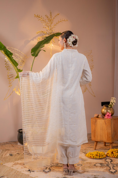 Cotton Blossom Embroidered Kurta Set with Sheer Striped Dupatta