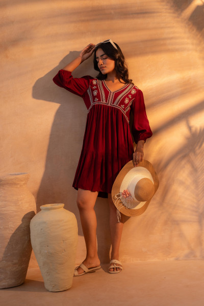 Maroon Nomad Embroidered Boho Dress