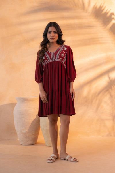 Maroon Nomad Embroidered Boho Dress