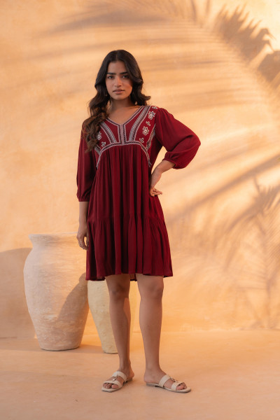Maroon Nomad Embroidered Boho Dress