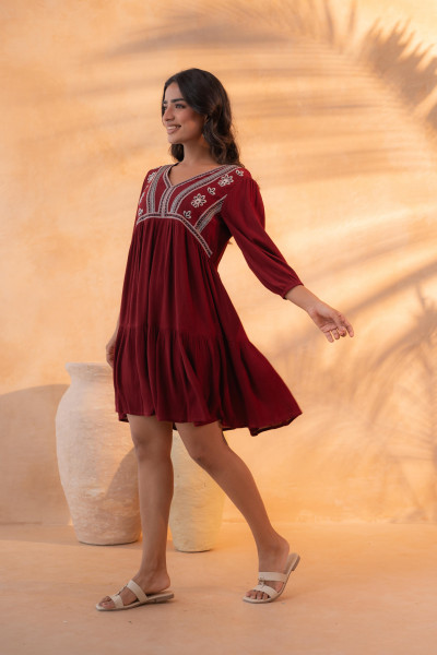 Maroon Nomad Embroidered Boho Dress