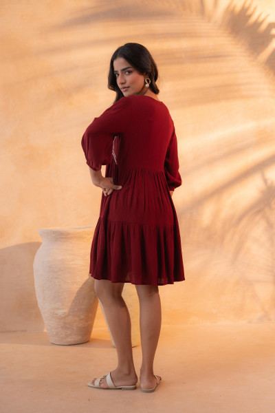 Maroon Nomad Embroidered Boho Dress