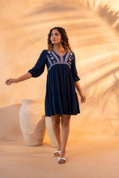 Navy Nomad Embroidered Boho Dress