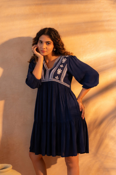 Navy Nomad Embroidered Boho Dress