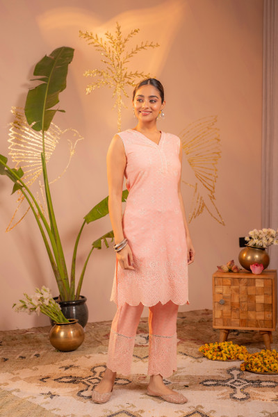 Peach Pastel Schiffli Kurta Set