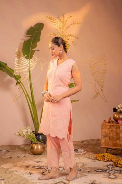 Peach Pastel Schiffli Kurta Set