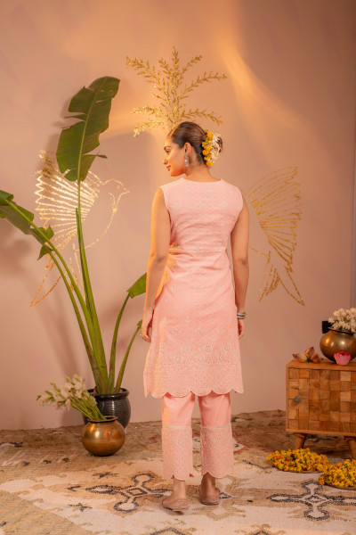 Peach Pastel Schiffli Kurta Set