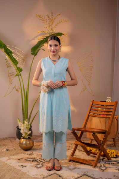 SkyBlue Pastel Schiffli Kurta Set