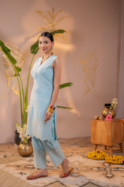 SkyBlue Pastel Schiffli Kurta Set