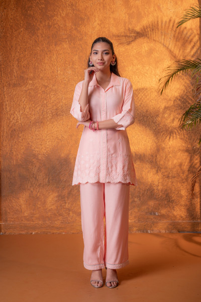 Peach Schiffli Lounge Co-Ord
