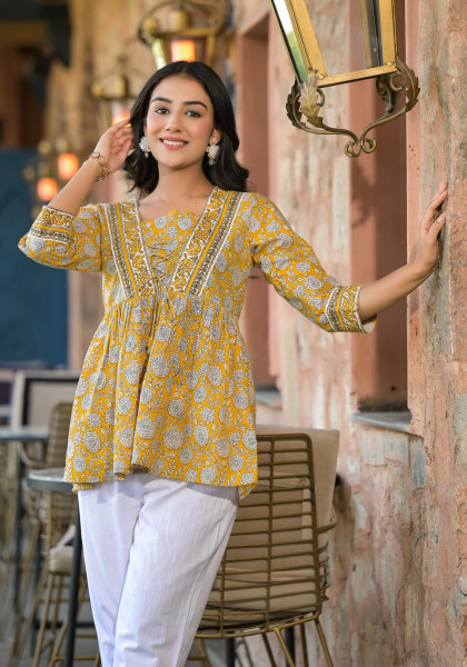 Mustard Floral Printed Cotton Tunic With Doris