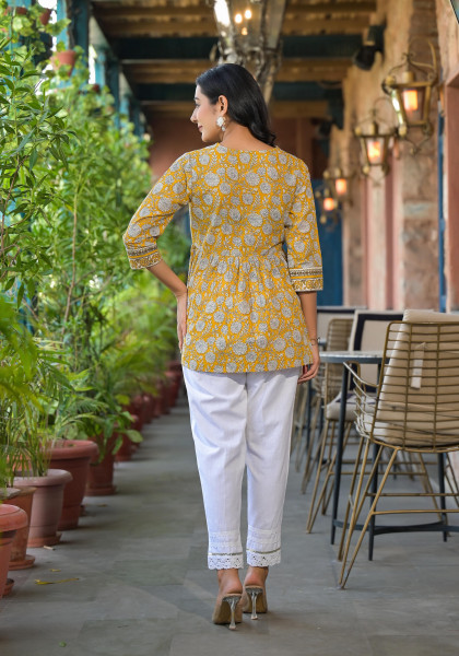 Mustard Floral Printed Cotton Tunic With Doris